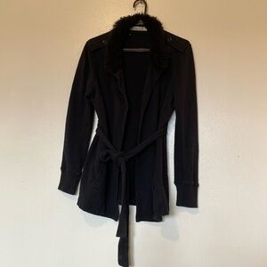True Grit dry goods blk cotton belted faux fur collar  cozy cardigan sweater